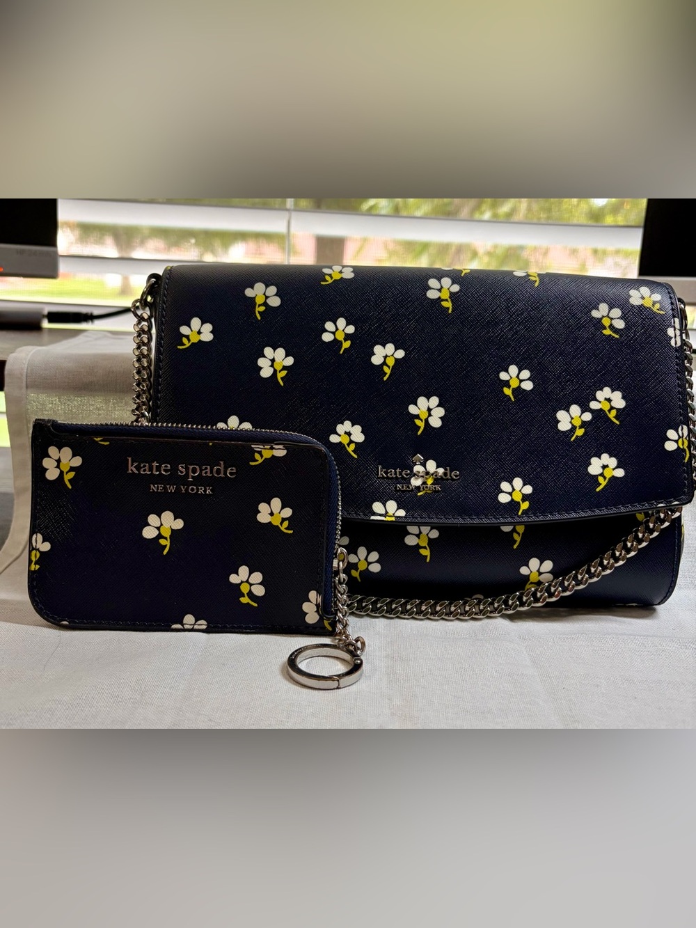 kate spade navy floral crossbody and key pouch with white & yellow blooms